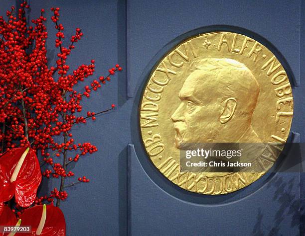 Plaque depicting Alfred Nobel at the Nobel Peace Prize Ceremony 2008 in Oslo City Hall on December 10, 2008 in Oslo, Norway. The Norwegian Nobel...