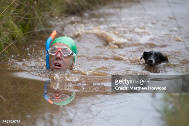 Angela Jones swims with her dog Jack during the World Bog Snorkelling Championships 2017 on August 27, 2017 in Llanwrtyd Wells, Wales. The...