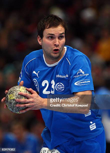 Viktor Szilagyi of Gummersbach holds the ball during the Handball Bundesliga match between VfL Gummersbach and HSV Hamburg at the Lanxess Arena on...