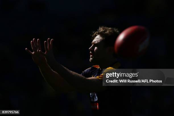 Mark Hutchings of the Eagles warms up before during the round 23 AFL match between the West Coast Eagles and the Adelaide Crows at Domain Stadium on...