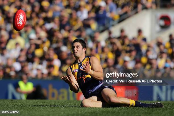 Tom Barrass of the Eagles marks the ball during the round 23 AFL match between the West Coast Eagles and the Adelaide Crows at Domain Stadium on...