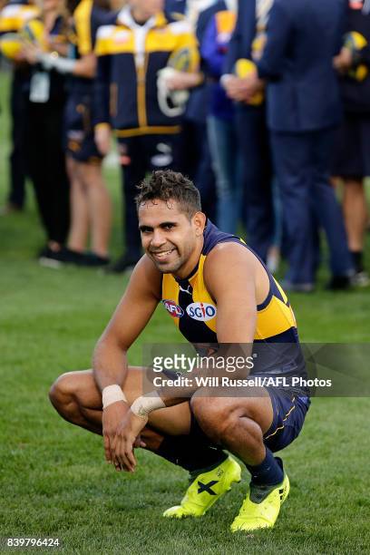 Lewis Jetta of the Eagles smiles after the team's win during the round 23 AFL match between the West Coast Eagles and the Adelaide Crows at Domain...