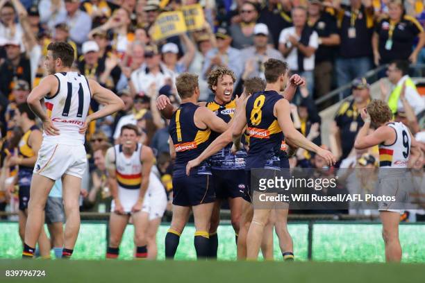 Matt Priddis of the Eagles celebrates the teams win during the round 23 AFL match between the West Coast Eagles and the Adelaide Crows at Domain...
