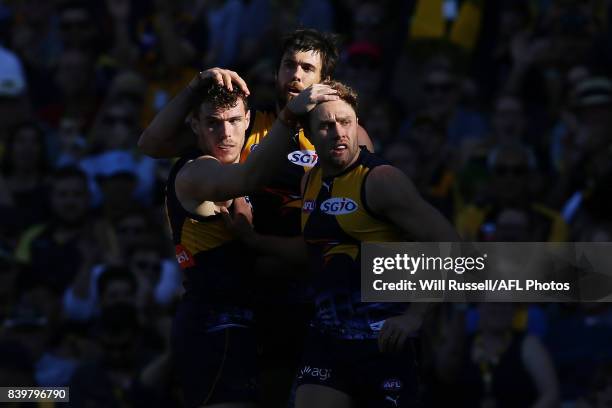 Mark Hutchings of the Eagles celebrates after scoring a goal during the round 23 AFL match between the West Coast Eagles and the Adelaide Crows at...