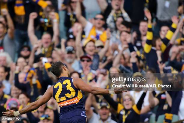 Lewis Jetta of the Eagles celebrates after scoring a goal during the round 23 AFL match between the West Coast Eagles and the Adelaide Crows at...