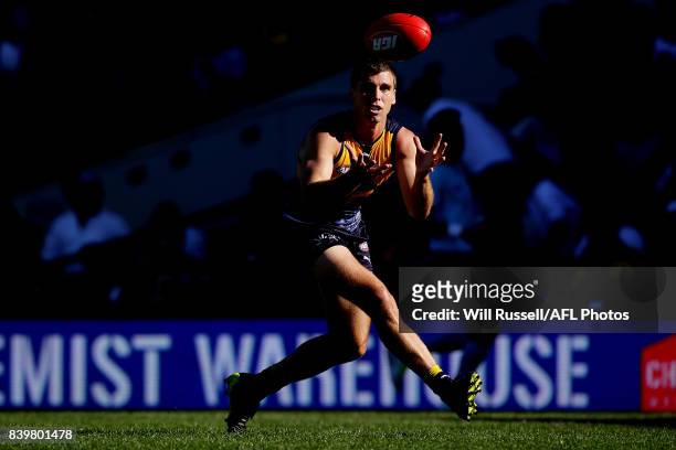 Jamie Cripps of the Eagles marks the ball during the round 23 AFL match between the West Coast Eagles and the Adelaide Crows at Domain Stadium on...