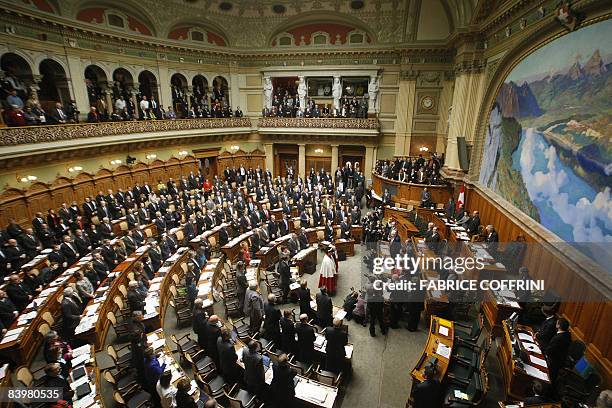 General view of the parliament room during the swears-in ceremony of the Newly elected Swiss Minister Ueli Maurer on December 10, 2008 in Bern. The...