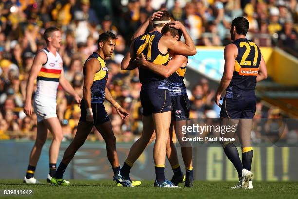 Drew Petrie of the Eagles celebrates a goal with Jamie Cripps during the round 23 AFL match between the West Coast Eagles and the Adelaide Crows at...