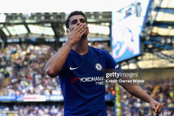 Alvaro Morata of Chelsea celebrates scoring his sides second goal during the Premier League match between Chelsea and Everton at Stamford Bridge on...