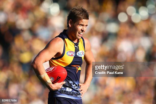 Mark LeCras of the Eagles looks on during the round 23 AFL match between the West Coast Eagles and the Adelaide Crows at Domain Stadium on August 27,...