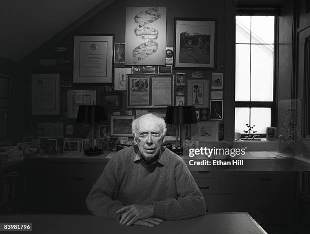 Dr. James Watson, scientist and part of the team that discovered the double helix structure of DNA, poses at a portrait session for Newsweek at his...