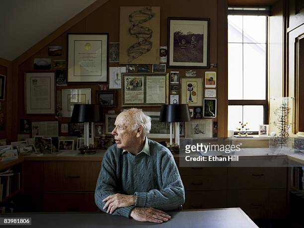 Dr. James Watson, scientist and part of the team that discovered the double helix structure of DNA, poses at a portrait session for Newsweek at his...