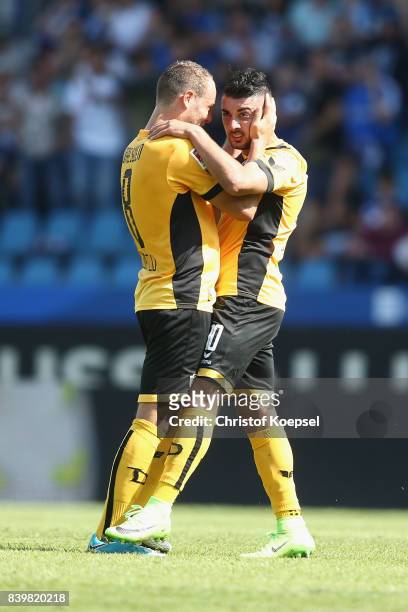 Aias Aosman of Dresden celebrates the second goal with Rico Benatelli of Dresden during the Second Bundesliga match between VfL Bochum 1848 and SG...