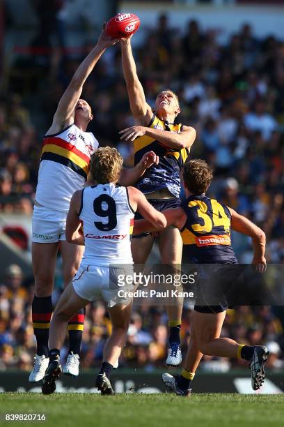 Sam Jacobs of the Crows and Drew Petrie of the Eagles contest the ruck during the round 23 AFL match between the West Coast Eagles and the Adelaide...