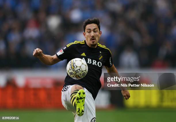 Stefan Ishizaki of AIK during the Allsvenskan match between AIK and Djurgardens IF at Friends arena on August 27, 2017 in Solna, Sweden.