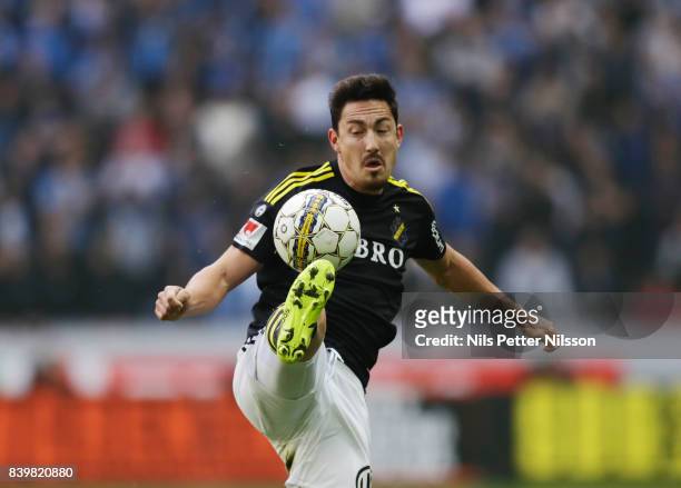 Stefan Ishizaki of AIK during the Allsvenskan match between AIK and Djurgardens IF at Friends arena on August 27, 2017 in Solna, Sweden.