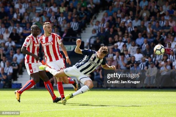 Jay Rodriguez of West Bromwich Albion scores his sides first goal during the Premier League match between West Bromwich Albion and Stoke City at The...