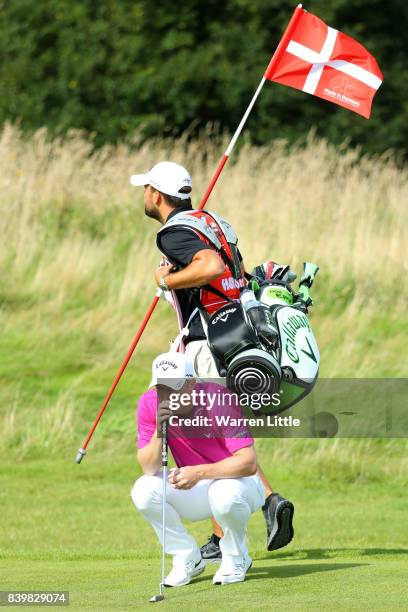 David Horsey of England lines up a putt during the final round of Made in Denmark at Himmerland Golf & Spa Resort on August 27, 2017 in Aalborg,...