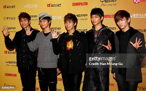 Onew, Jonghyun, Key, Minho and Taemin of SHINee attend 2008 Golden Disk Awards at Olympic Hall on December 10, 2008 in Seoul, South Korea.