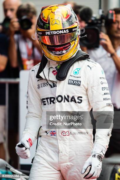Lewis from Great Britain of team Mercedes GP celebrating his victory during the Formula One Belgian Grand Prix at Circuit de Spa-Francorchamps on...