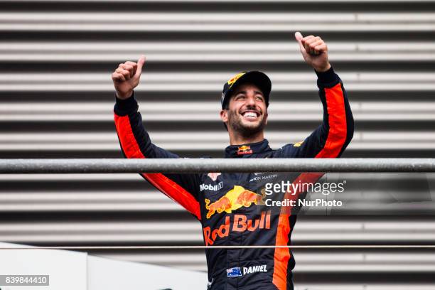 Daniel from Australia of Red Bull Tag Heuer celebrating his third place during the Formula One Belgian Grand Prix at Circuit de Spa-Francorchamps on...