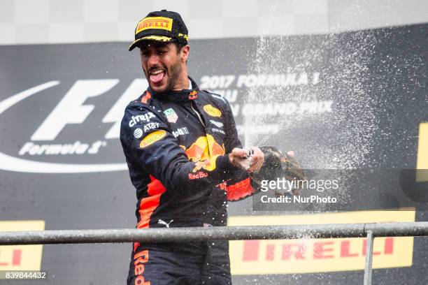 Daniel from Australia of Red Bull Tag Heuer celebrating his third place during the Formula One Belgian Grand Prix at Circuit de Spa-Francorchamps on...