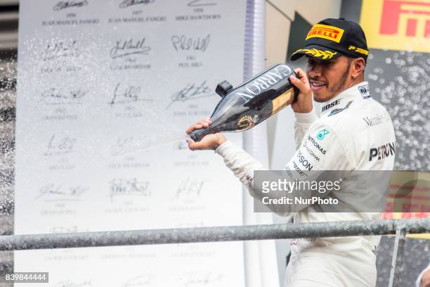 Lewis from Great Britain of team Mercedes GP celebrating his victory during the Formula One Belgian Grand Prix at Circuit de Spa-Francorchamps on...