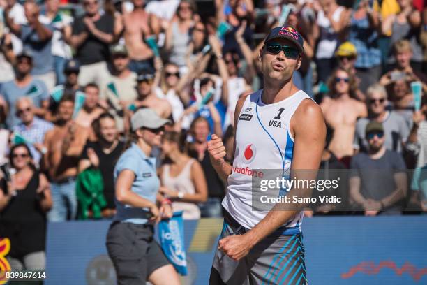Phil Dalhausser of the United States reacts during the gold medal match against Evandro Goncalves Oliveira Junior and Andre Loyola Stein of Brazil at...