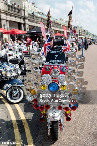 Scooter is parked on the seafront during The Mod Weekender, on August 27, 2017 in Brighton, England. Brighton became the meeting place for Mods on...