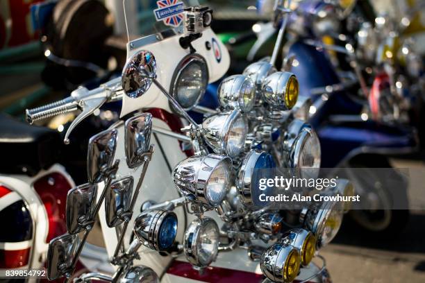 Headlights on a scooter during The Mod Weekender, on August 27, 2017 in Brighton, England. Brighton became the meeting place for Mods on their...