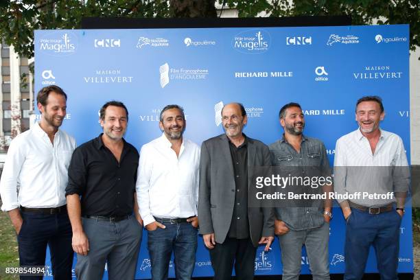 Team of the movie "Le sens de la fete", actors Benjamin Laverhne, Gilles Lellouche, co-director Eric Toledano, actor Jean-Pierre Bacri, co-director...