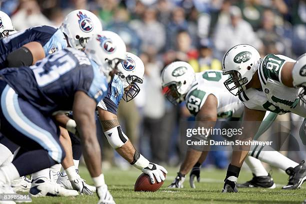 View of Tennessee Titans offensive line vs New York Jets defensive line at line of scrimmage. Nashville, TN CREDIT: Damian Strohmeyer