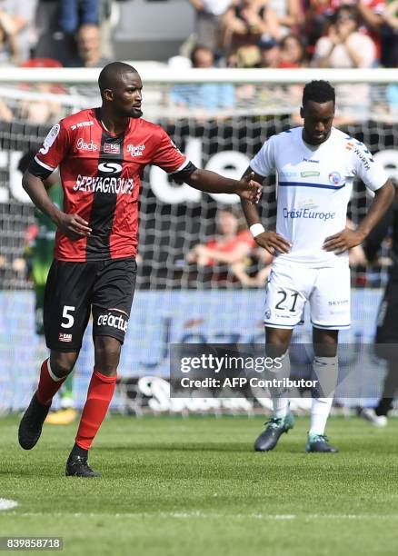 Guingamp's Senegalese midfielder Moustapha Diallo jubilates after he scored during the French Ligue 1 football match between Guingamp and Strasbourg...