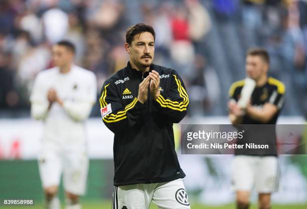 Stefan Ishizaki of AIK dejected after the Allsvenskan match between AIK and Djurgardens IF at Friends arena on August 27, 2017 in Solna, Sweden.