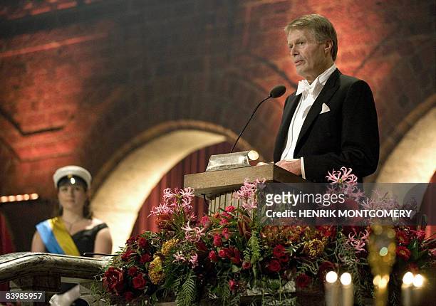 Literature Nobel Prize laureate French Jean-Marie Gustave Le Clezio gives a speech during the Nobel Banquet at the Stockholm City Hall, on December...