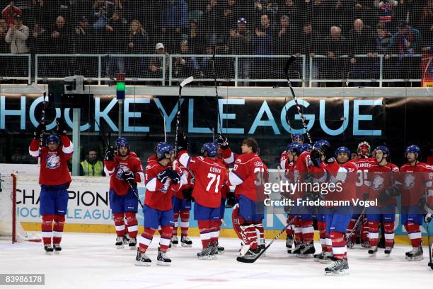 The team of Zurich celebrates after winning the IIHF Champions League semi final between ZSC Lions Zurich and Espoo Blues at the Diners Club Arena on...