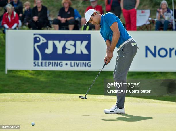 Golfer Julian Suri competes at the last hole of the Made in Denmark tournament in Gatten, Denmark on August 27, 2017. American Julian Suri claimed...