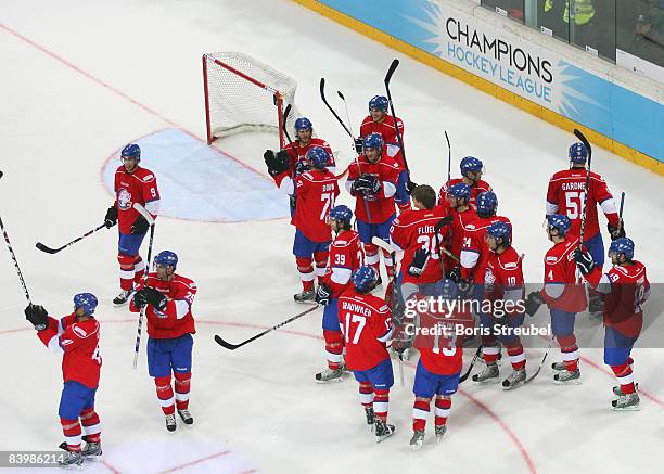 The team of ZSC Lions Zurich celebrates their victory after the IIHF Champions Hockey League semi-final match between ZSC Lions Zurich and Espoo...