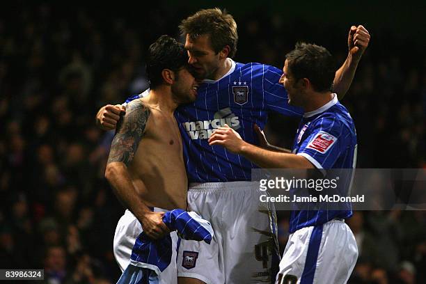 Pablo Counago of Ipswich Town celebrates his goal with Gareth McAudley during the Coca-Cola Championship match between Ipswich Town and Bristol City...