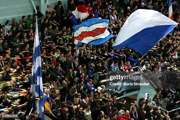 The fans of ZSC Lions Zurich celebrate the victory of their team after the IIHF Champions Hockey League semi-final match between ZSC Lions Zurich and...