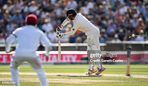 Mark Stoneman of England is bowled by Shannon Gabriel of the West Indies during day three of the 2nd Investec Test between England and the West...