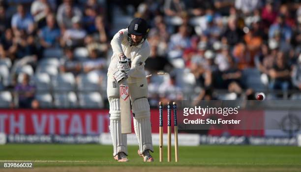 England batsman Mark Stoneman is bowled for 52 runs during day three of the 2nd Investec Test match between England and West Indies at Headingley on...
