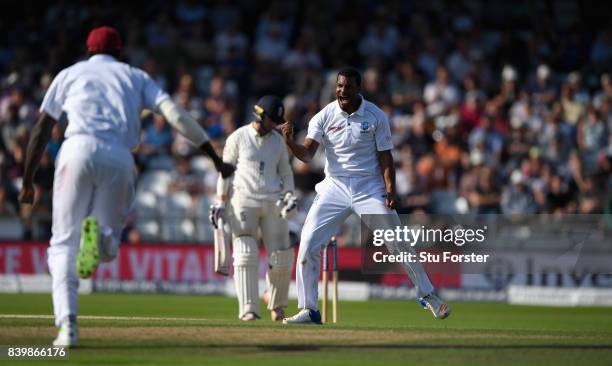 West Indies bowler Shannon Gabriel celebrates after bowling England batsman Mark Stoneman during day three of the 2nd Investec Test match between...