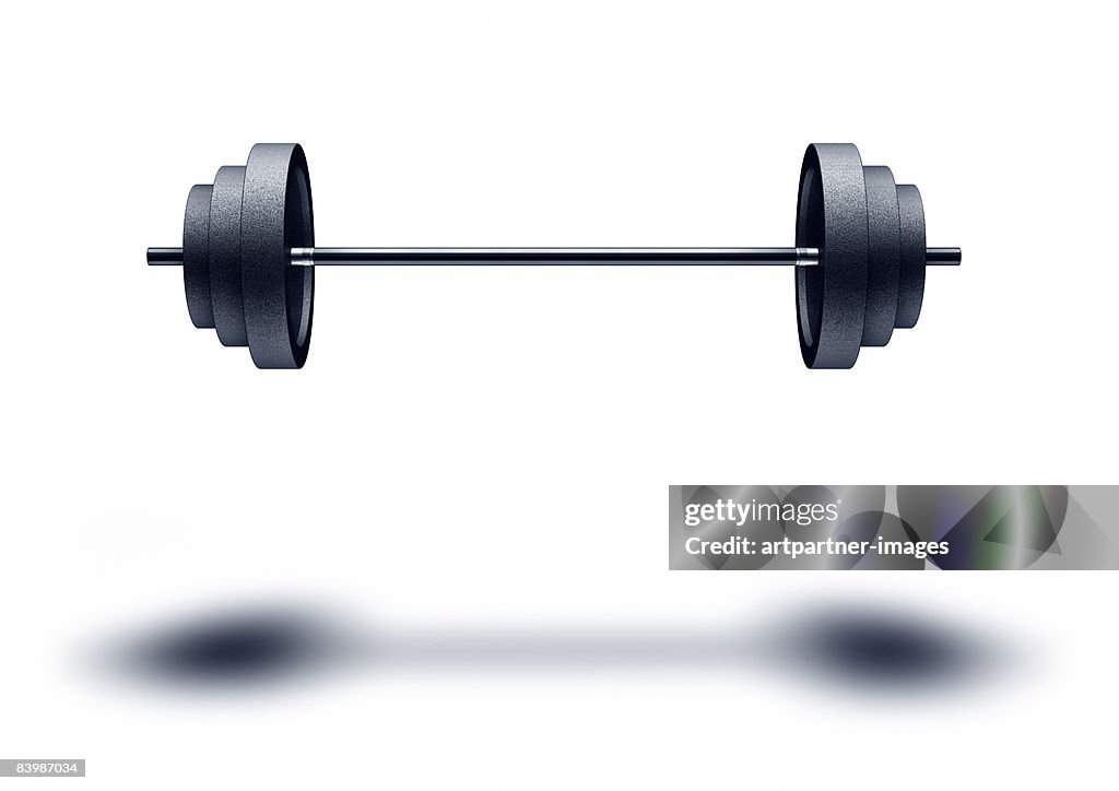 Floating weight, barbell on white background