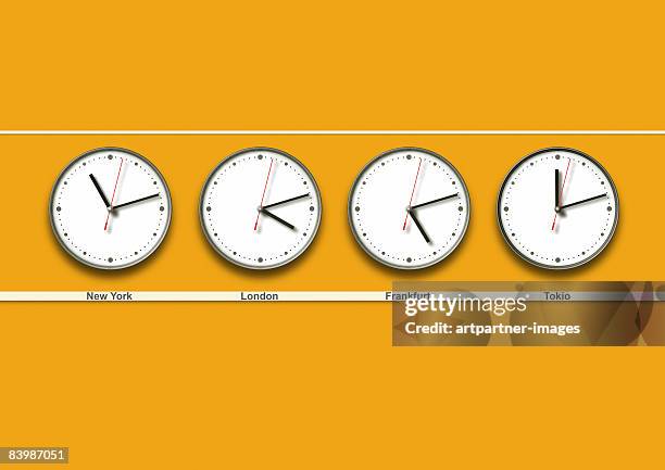ilustraciones, imágenes clip art, dibujos animados e iconos de stock de 4 wall clocks with different timezones - zona horaria