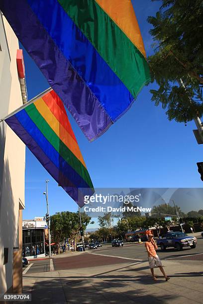 Rainbow flags fly from the Rage gay bar in the heart of a gay-friendly section of Santa Monica Boulevard which remains open during Day Without a Gay...