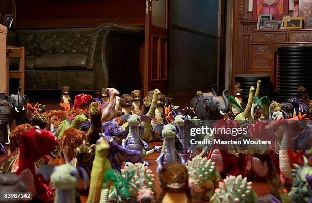 group of toys in gathered around - toy animal stockfoto's en -beelden