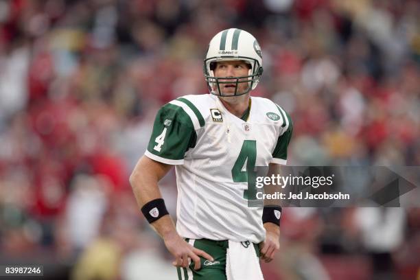 Brett Favre of the New York Jets looks on the field against the San Francisco 49ers during an NFL game on December 7, 2008 at Candlestick Park in San...