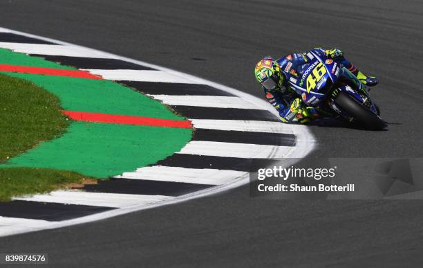 Valentino Rossi of Italy and Movistar Yamaha MotoGP in action during the MotoGP of Great Britain at Silverstone Circuit on August 27, 2017 in...