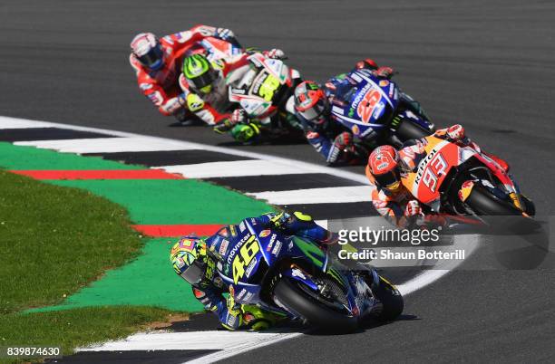 Valentino Rossi of Italy and Movistar Yamaha MotoGP in action during the MotoGP of Great Britain at Silverstone Circuit on August 27, 2017 in...